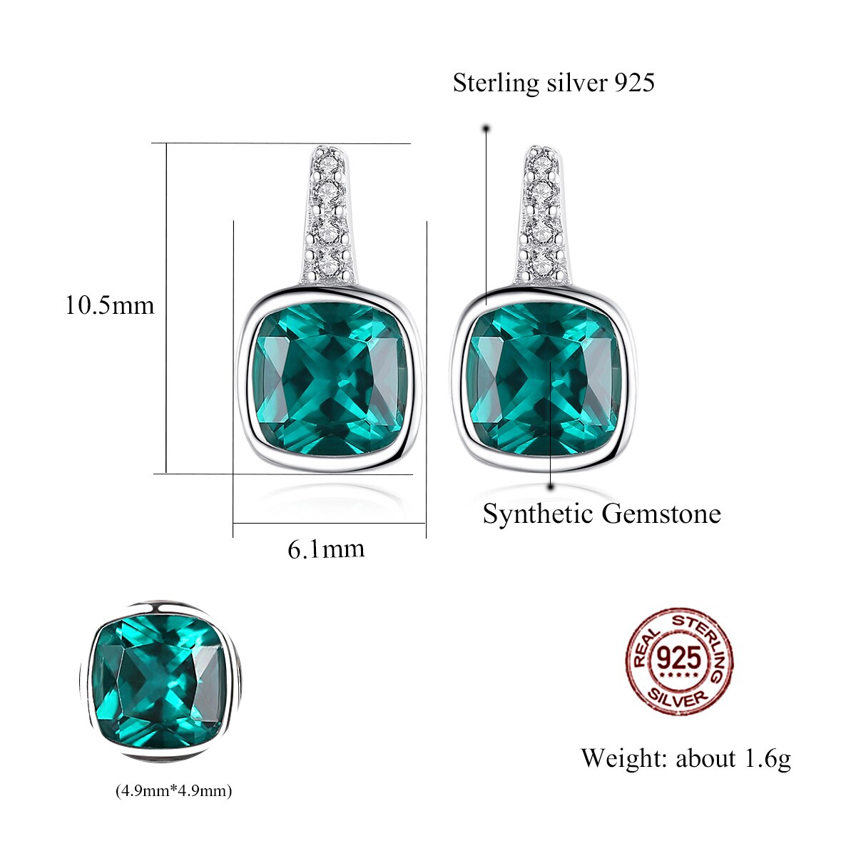 925 Silver Elegant Created Green Emerald Earrings