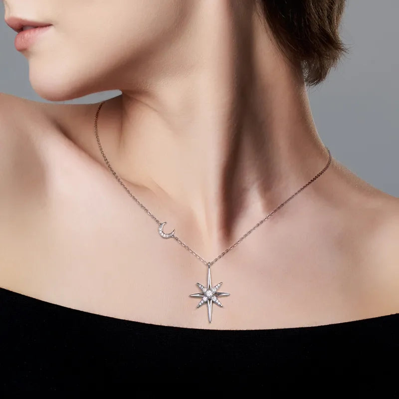 925 Silver Minimalist Moissanite Star and Moon Pendant Necklace