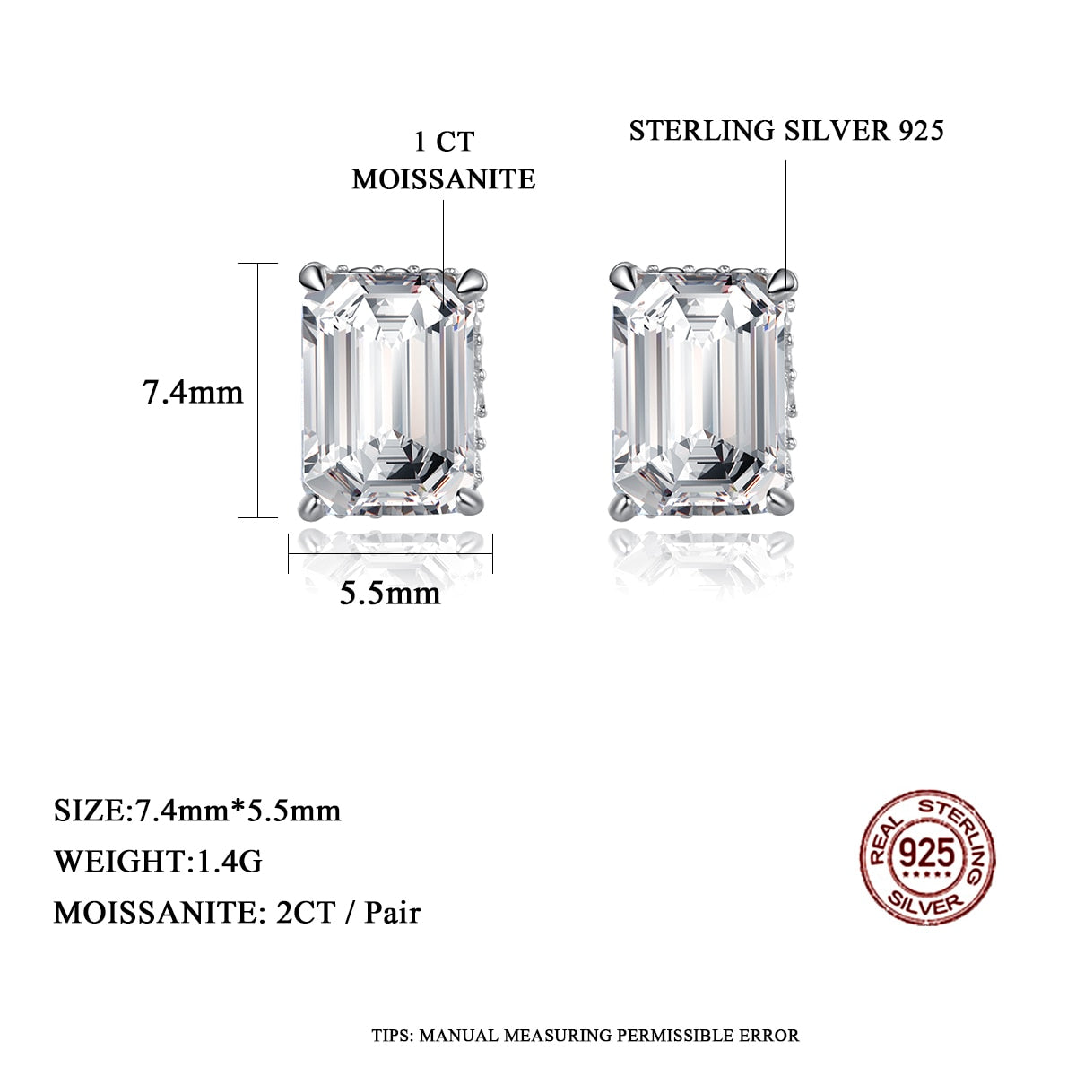 925 Silver Emerald Cut 2Ct Moissanite Earrings