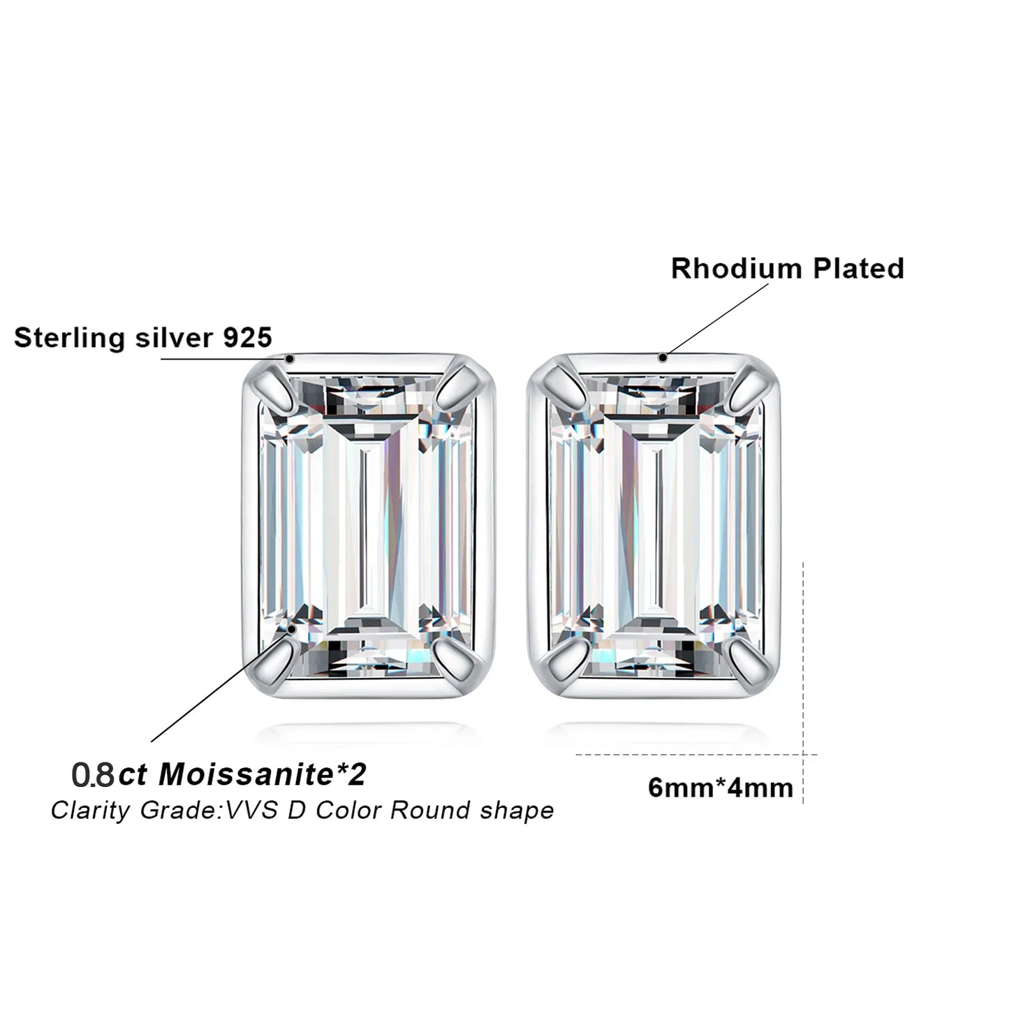 925 Silver 1.6ct/pair Emerald Cut Moissanite Stud Earrings