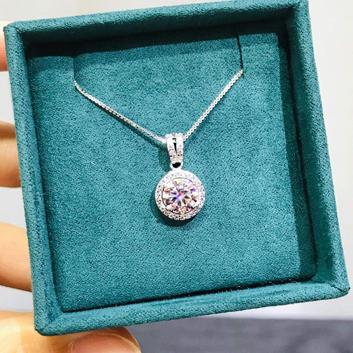 925 Silver 1Ct Moissanite Eternal Brilliance Pendant Necklace on model real shot