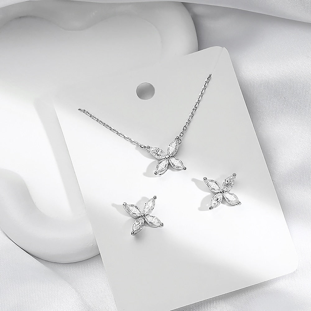 925 Silver Butterfly 4-Leaf Marquise Cut Moissanite Jewelry Set