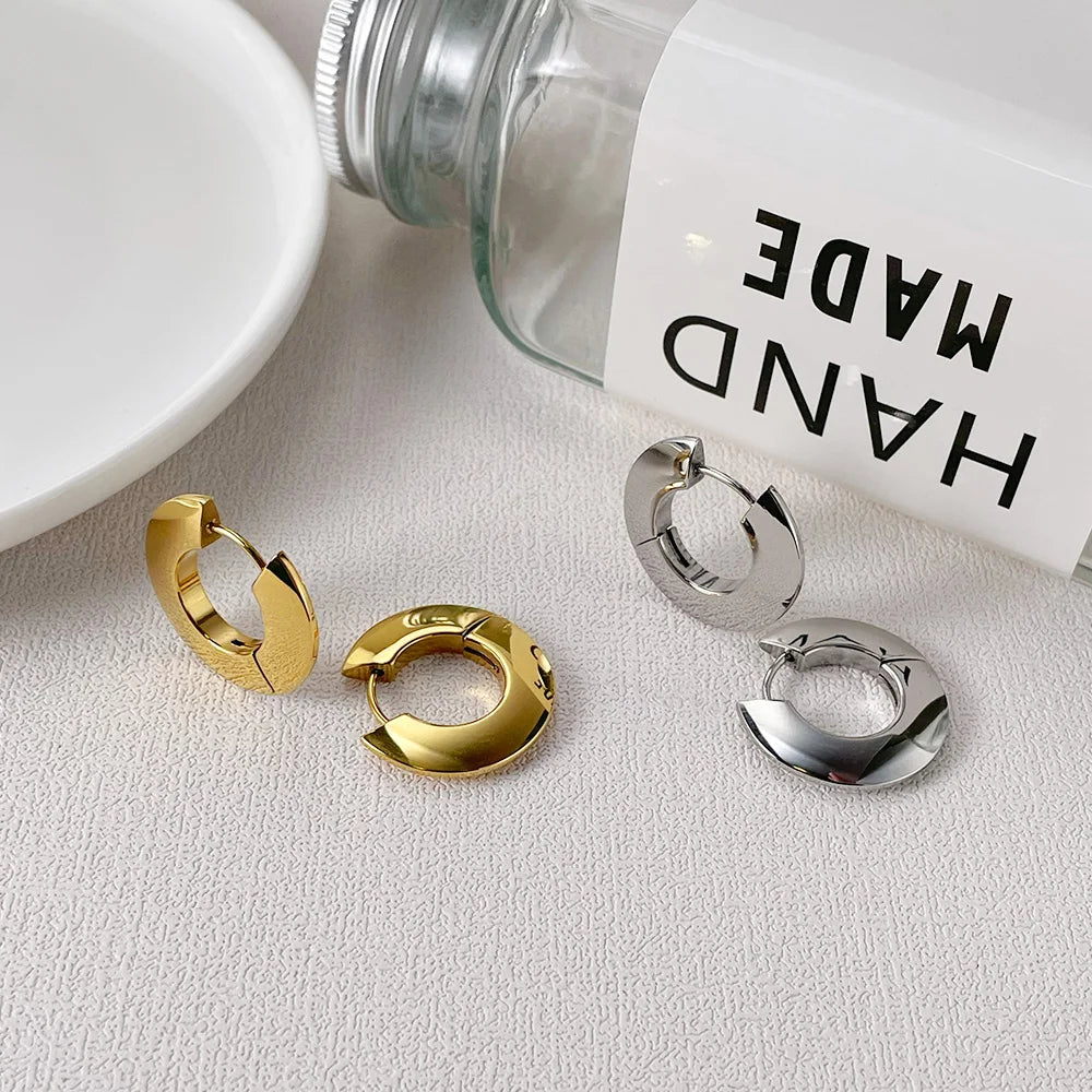 18K Gold-Plated Stainless Steel - Oblate Circle Design Stud Earrings