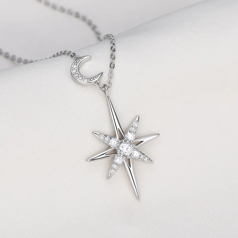 925 Silver Minimalist Moissanite Star and Moon Pendant Necklace