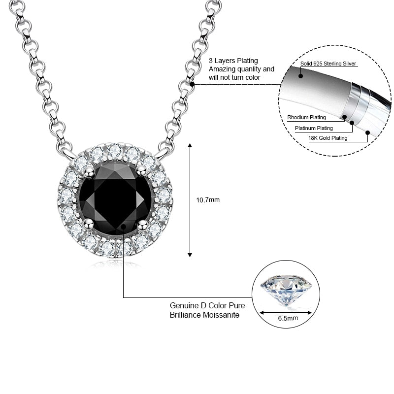 925 Silver Black Moissanite Halo Pendant Necklace