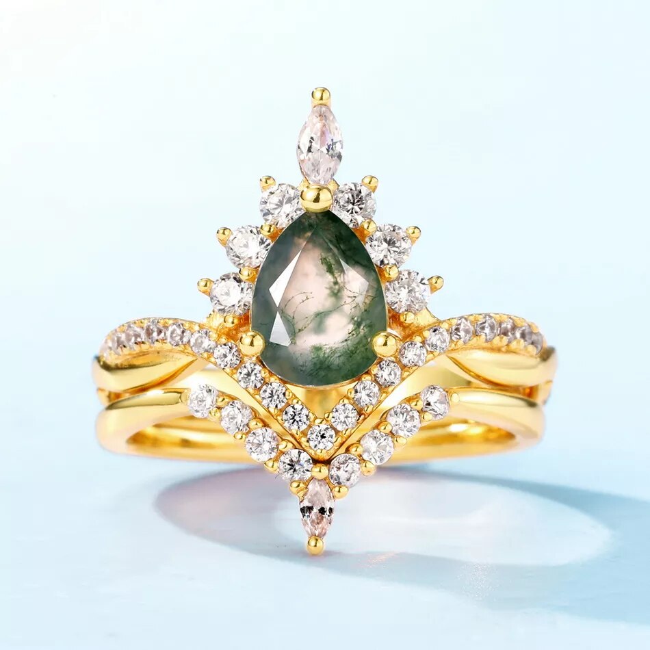 14K Gold-Plated 925 Silver Natural Moss Agate Ring Double Set