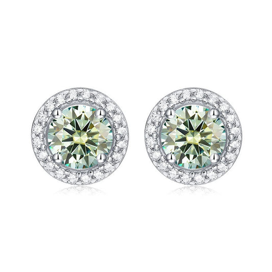 925 Silver Blue-Green Moissanite Halo Stud Earrings