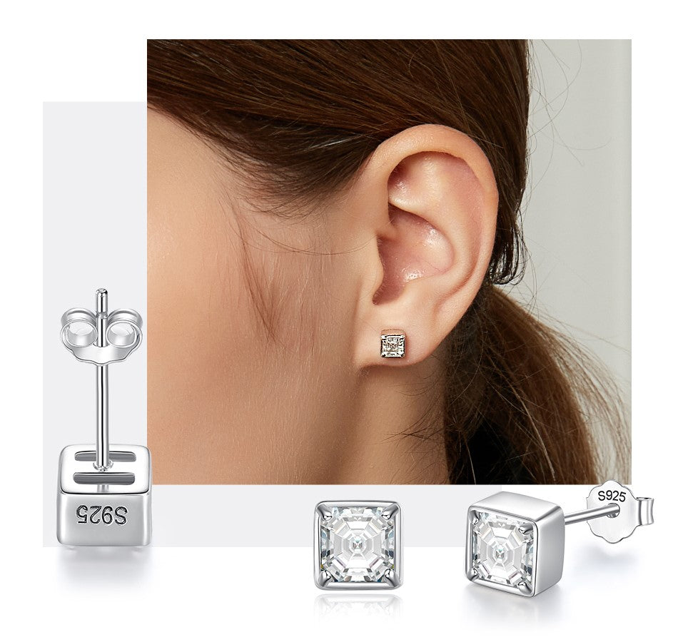 925 Silver Asscher Cut Moissanite Earrings