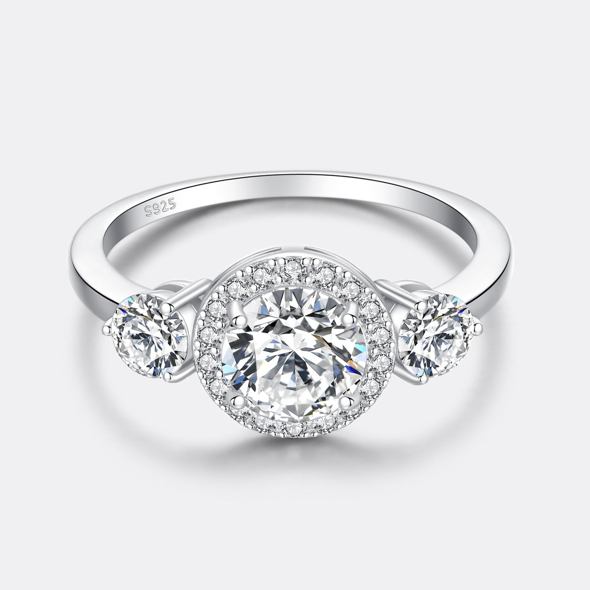 925 Silver 3-Stone Moissanite Halo Ring