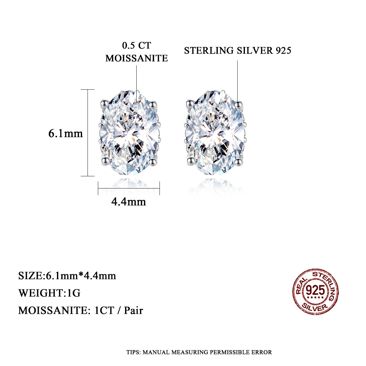 925 Silver Oval 1Ct Moissanite Stud Earrings