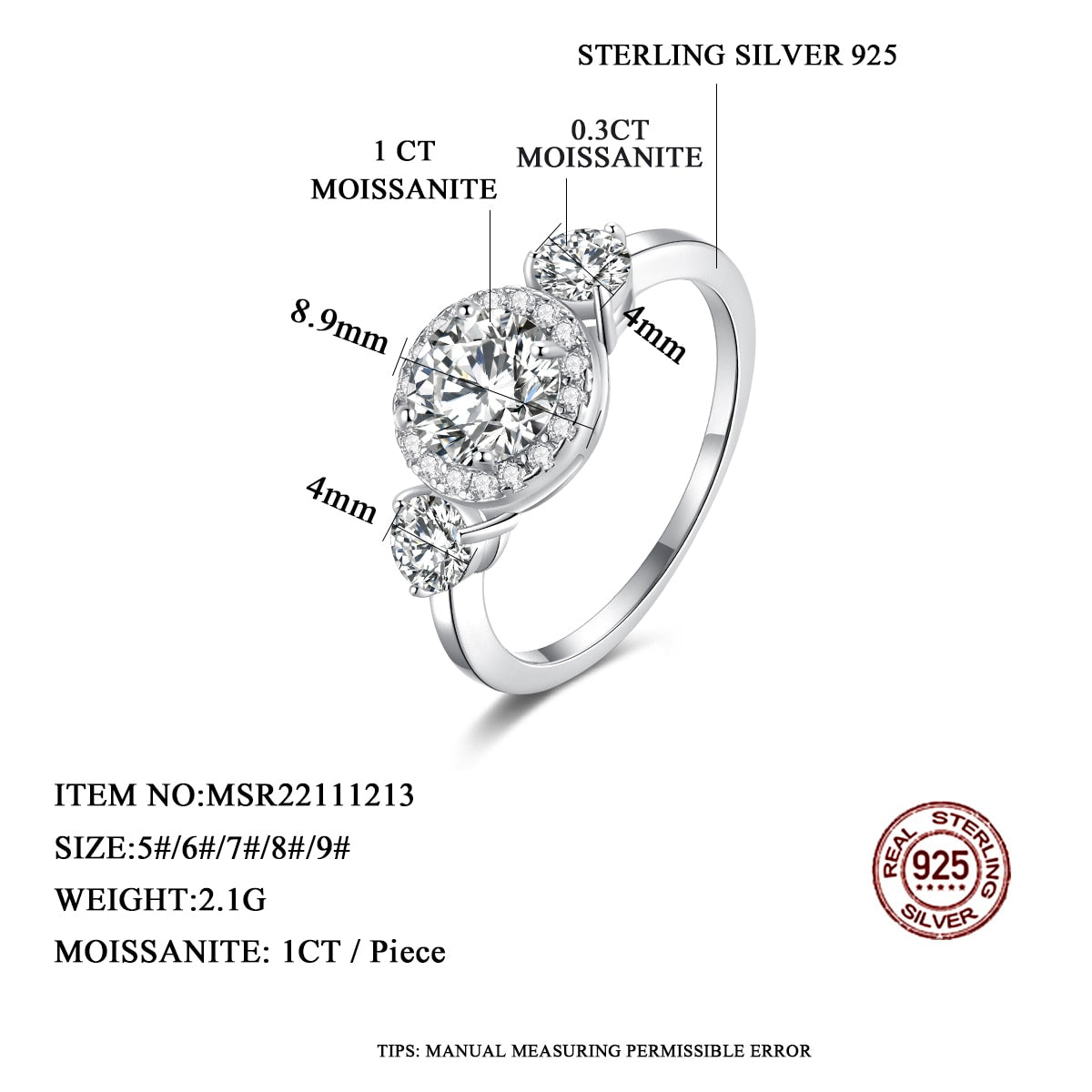 925 Silver 3-Stone Moissanite Halo Ring