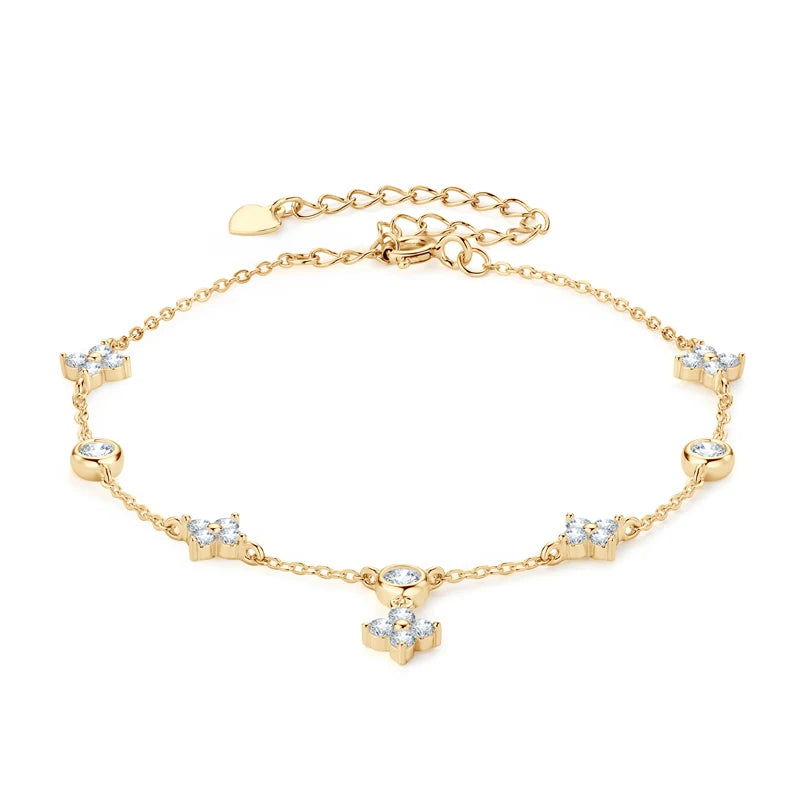 18K Gold-Plated 925 Silver Four Leaf Clover Moissanite Charm Bracelet