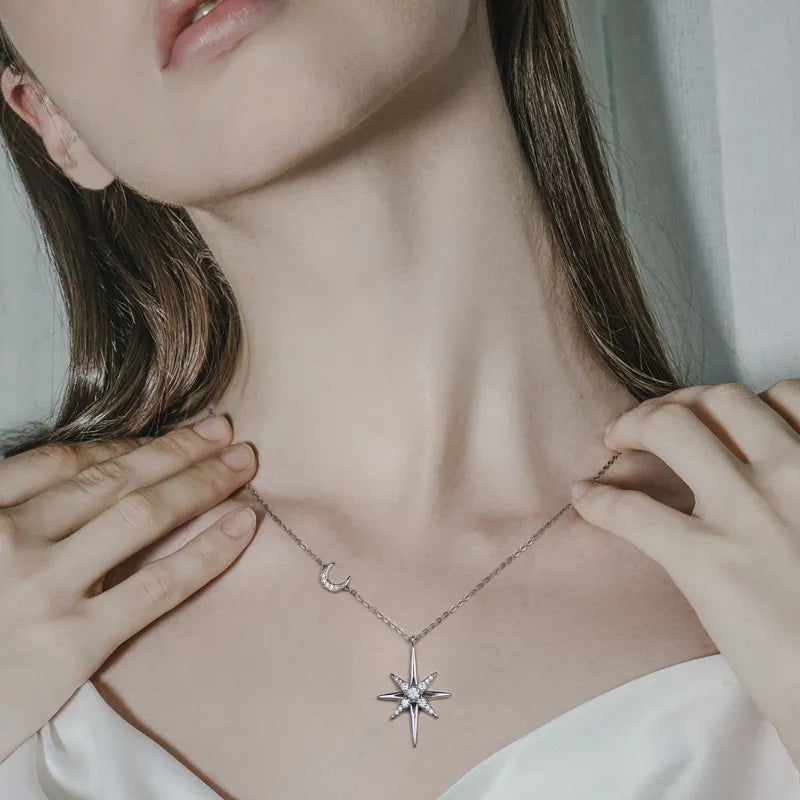 925 Silver Minimalist Moissanite Star and Moon Pendant Necklace