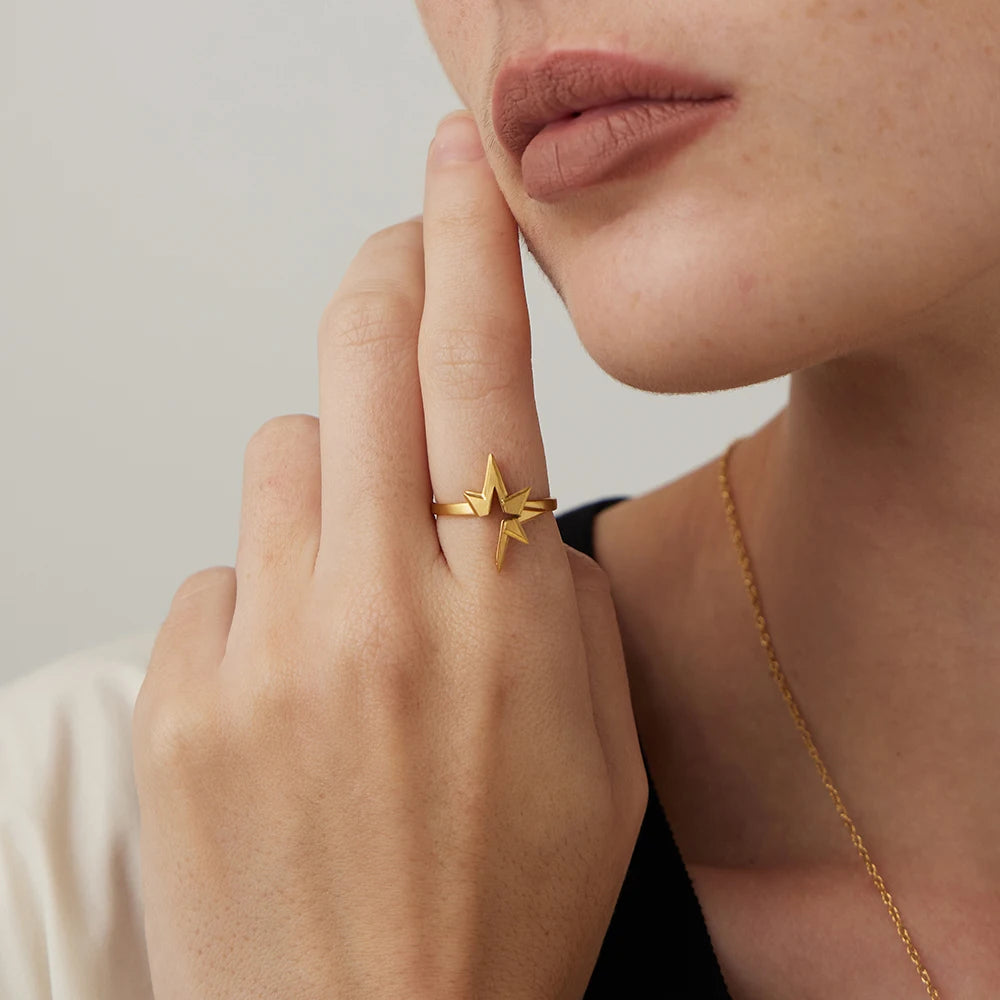 Stainless Steel 18K Gold-Plated Celestial Star Ring