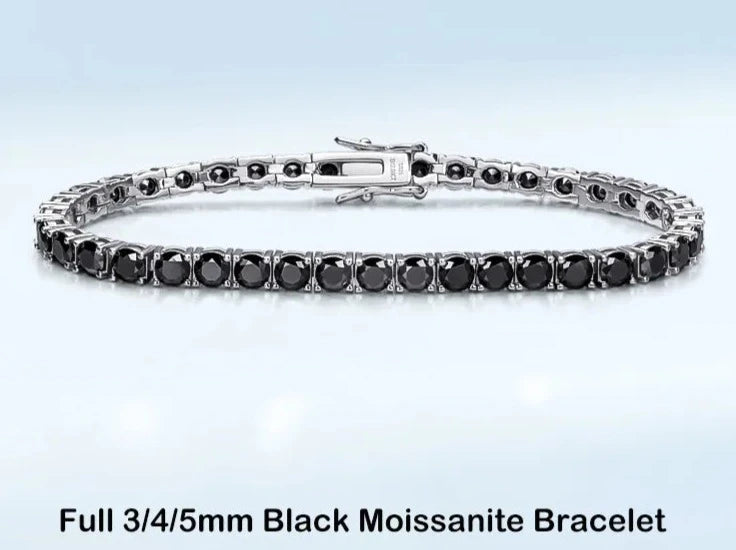 925 Silver Round Cut 3-5mm Black Moissanite Tennis Unisex Bracelet