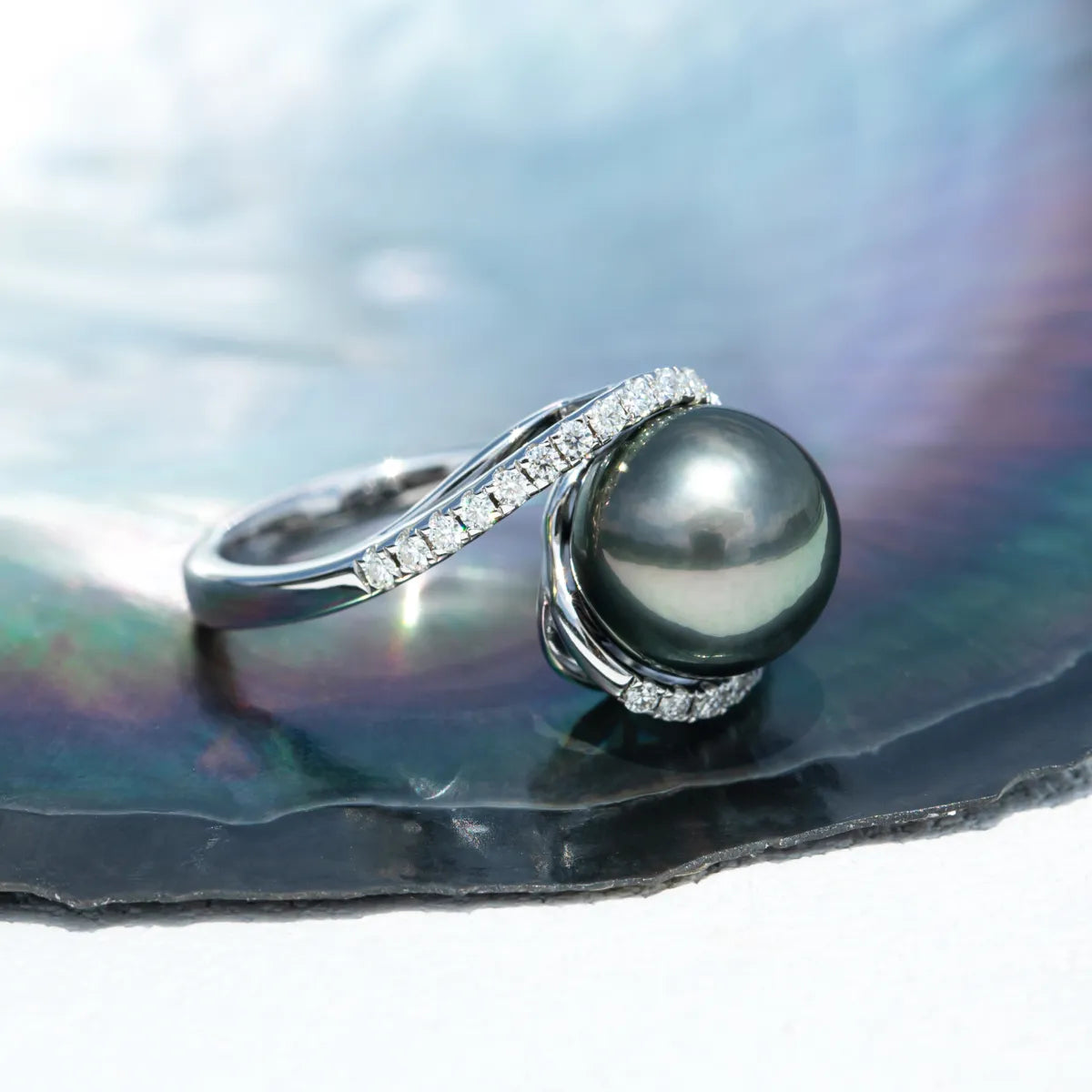 925 Silver 10-11mm Natural Tahitian Black Pearl and Moissanite Engagement Ring