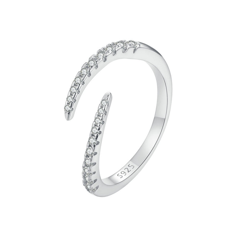 925 Silver Simple Adjustable Snake Tail Ring  - Silver With CZ 