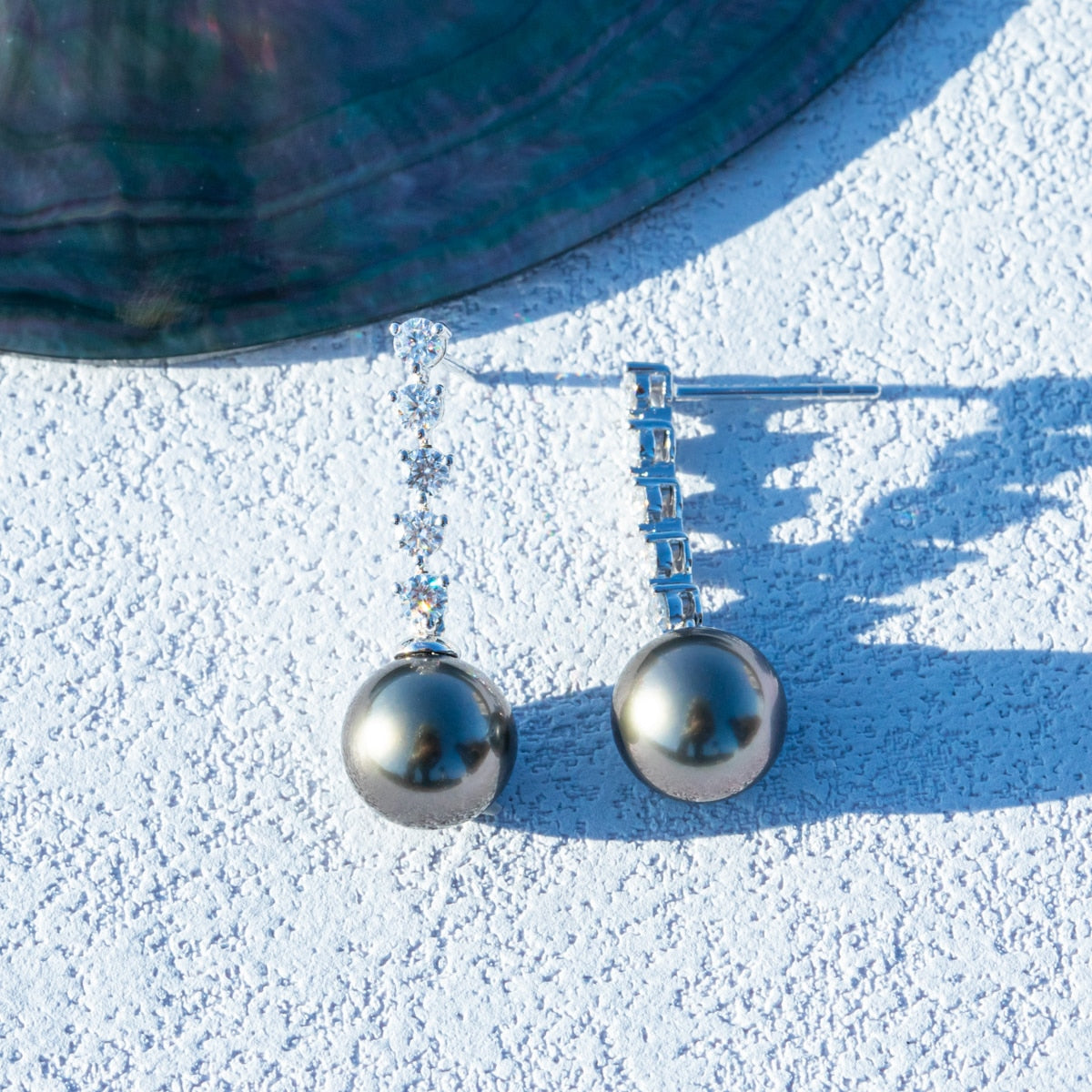 10K White Gold Natural Tahitian Black Pearl Moissanite Earrings