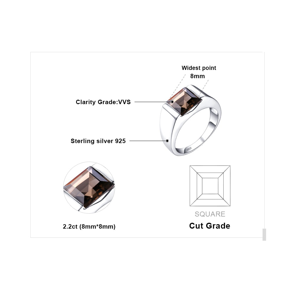 925 Silver 2.2Ct Natural Square Smoky Quartz Ring for Men