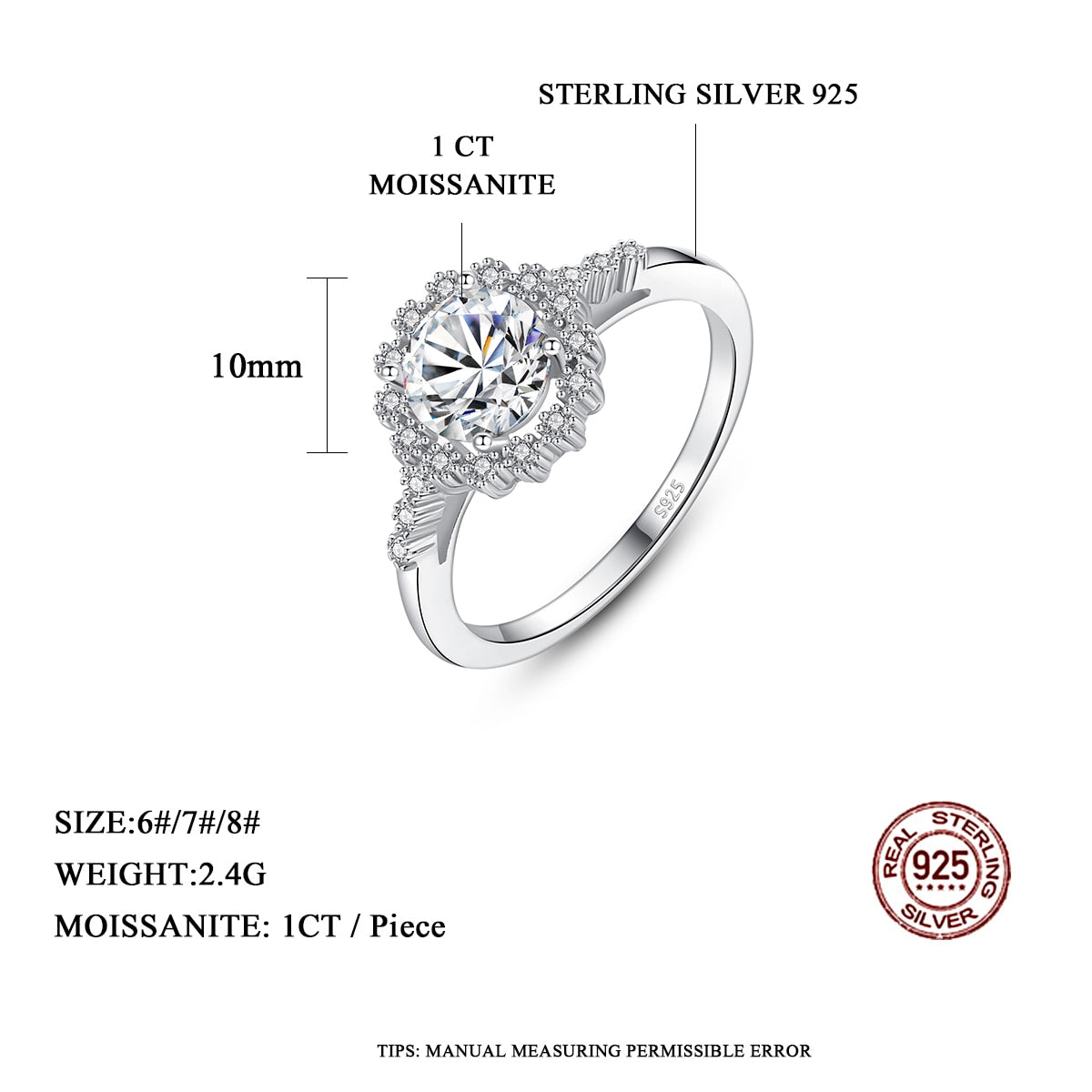 925 Silver 1CT Moissanite Flower Ring