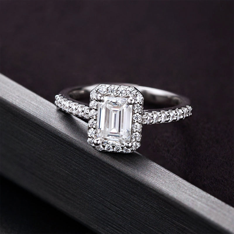 925 Silver 1CT Emerald Cut Moissanite Halo Ring