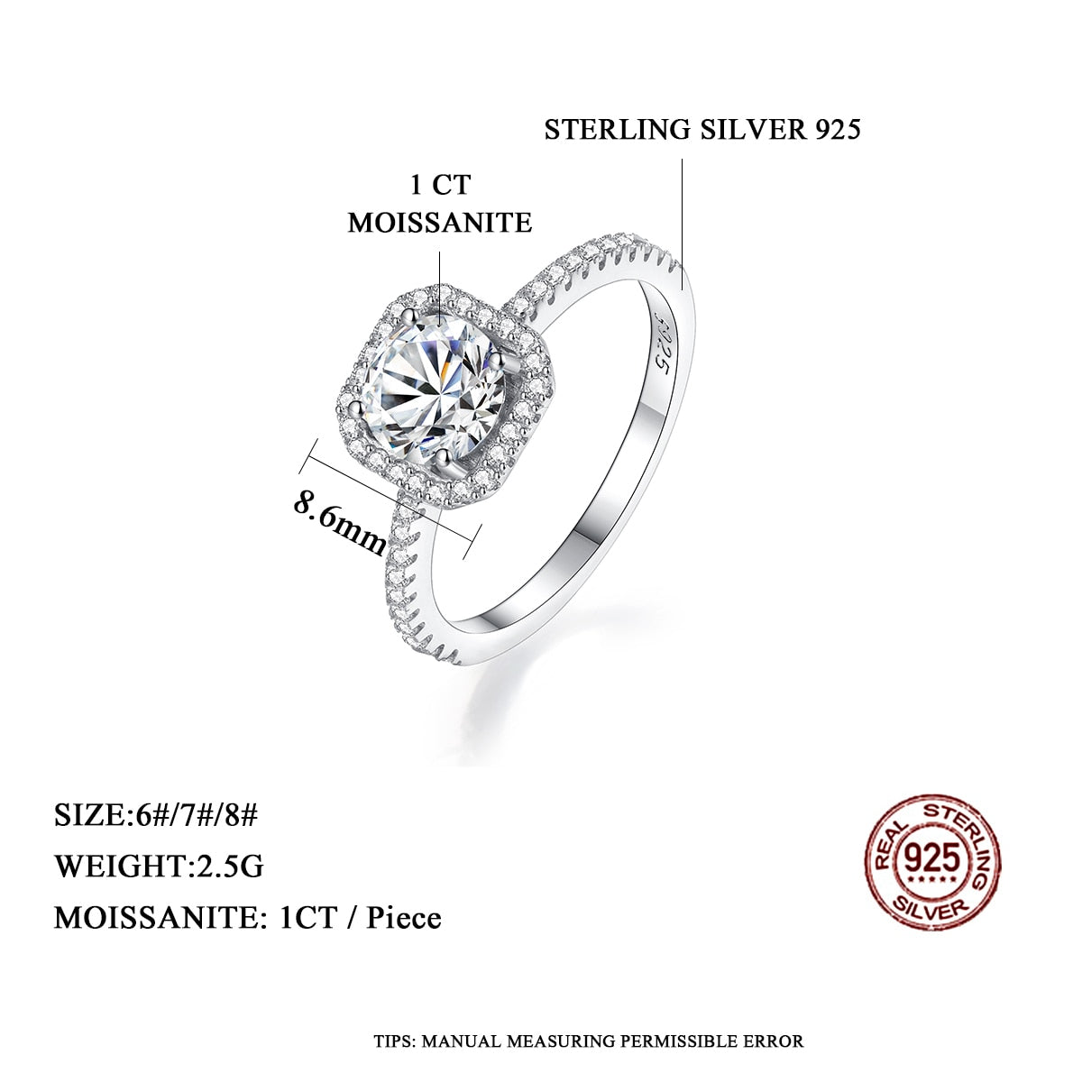 925 Silver 1CT Moissanite Halo Ring