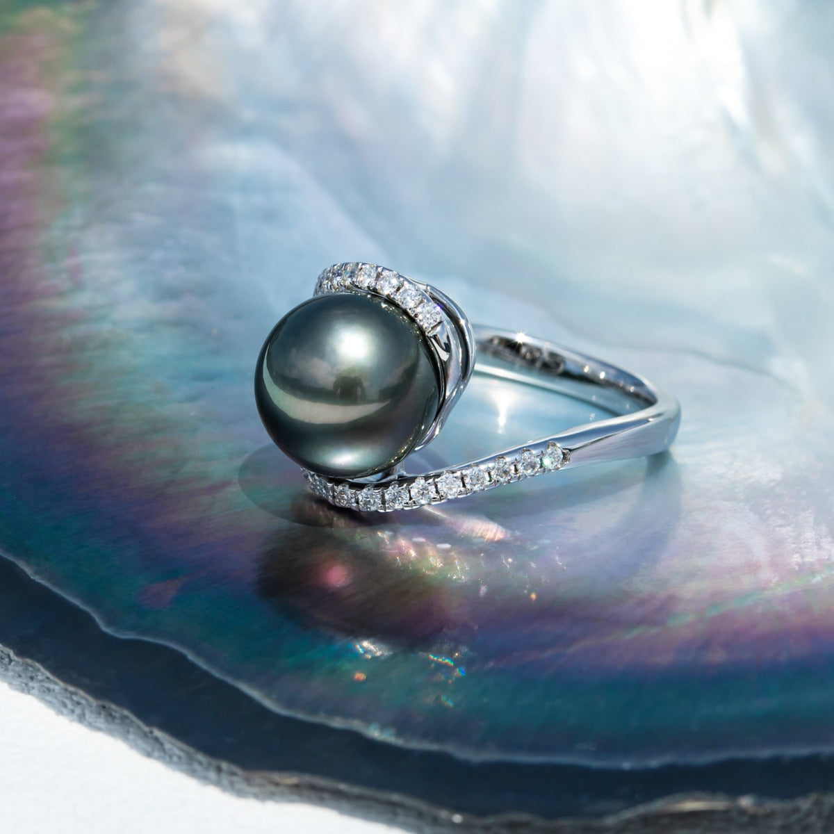 925 Silver 10-11mm Natural Tahitian Black Pearl and Moissanite Engagement Ring