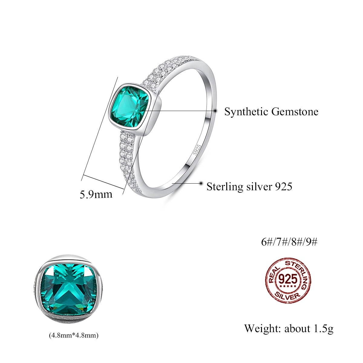 925 Silver Anillos Muj Emerald Gemstone Solitaire Ring