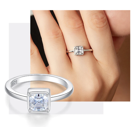 925 Silver 1CT Asscher Cut Moissanite Ring