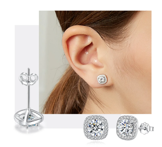 925 Silver Moissanite Square Halo Earrings