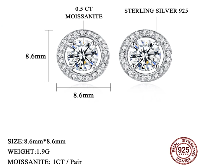 925 Silver 1Cttw Moissanite Round Halo Stud Earrings