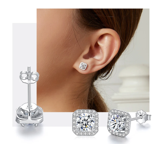 925 Silver 1 cttw Moissanite Square Halo Stud Earrings