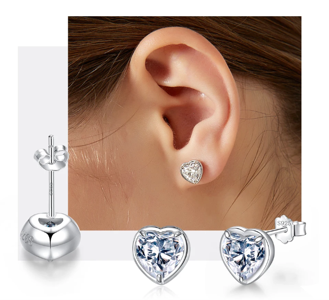 925 Silver 2Ct Moissanite Heart Stud Earrings