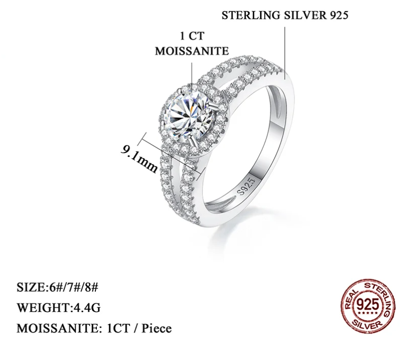 925 Silver 1Ct Moissanite 2-Row Zircon Paved Ring