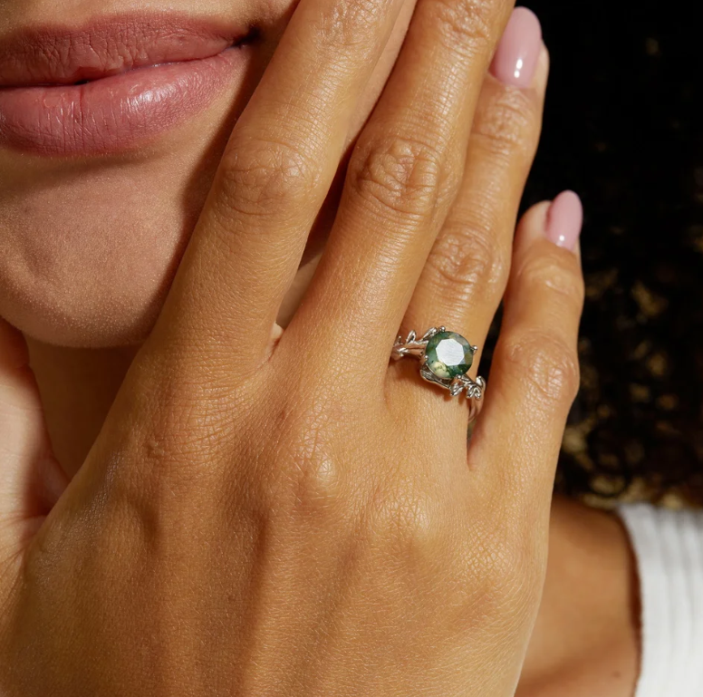 925 Silver Unique Natural 8x8mm Green Moss Agate Rings