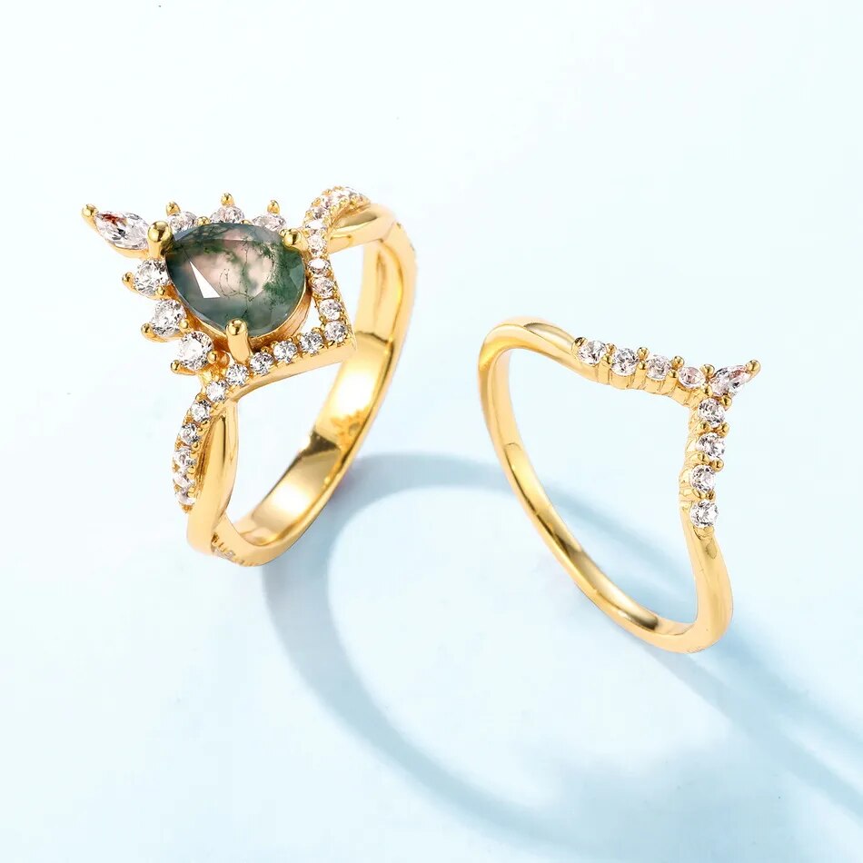 14K Gold-Plated 925 Silver Natural Moss Agate Ring Double Set