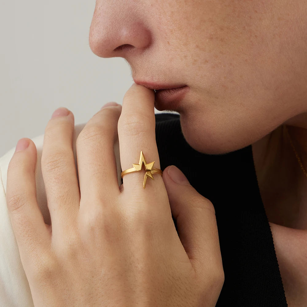 Stainless Steel 18K Gold-Plated Celestial Star Ring