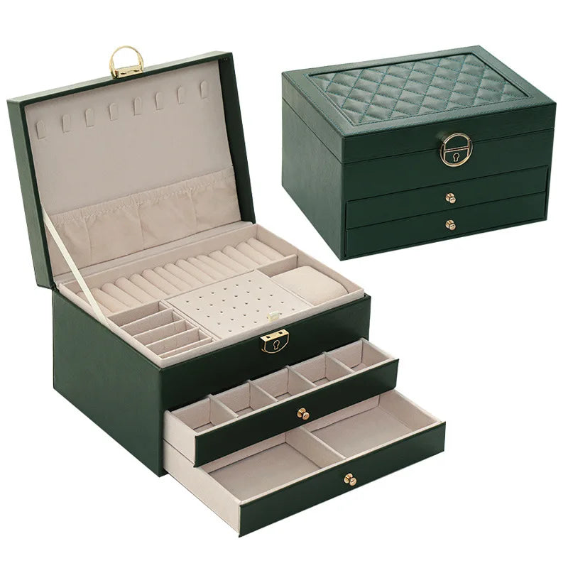 Three Layer Retro PU Jewelry Box - Necklace, Earrings, Bracelet Storage - DARK GREEN