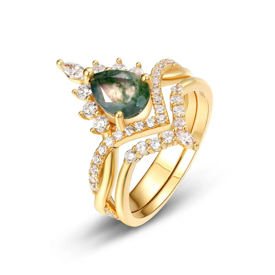 14K Gold-Plated 925 Silver Natural Moss Agate Ring Double Set