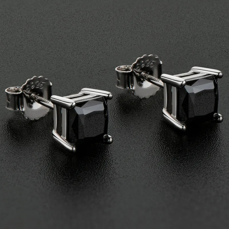 925 Silver 2ct Princess Cut Black Moissanite Stud Earrings - Unisex Jewelry