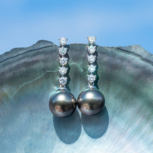 10K White Gold Natural Tahitian Black Pearl Moissanite Earrings