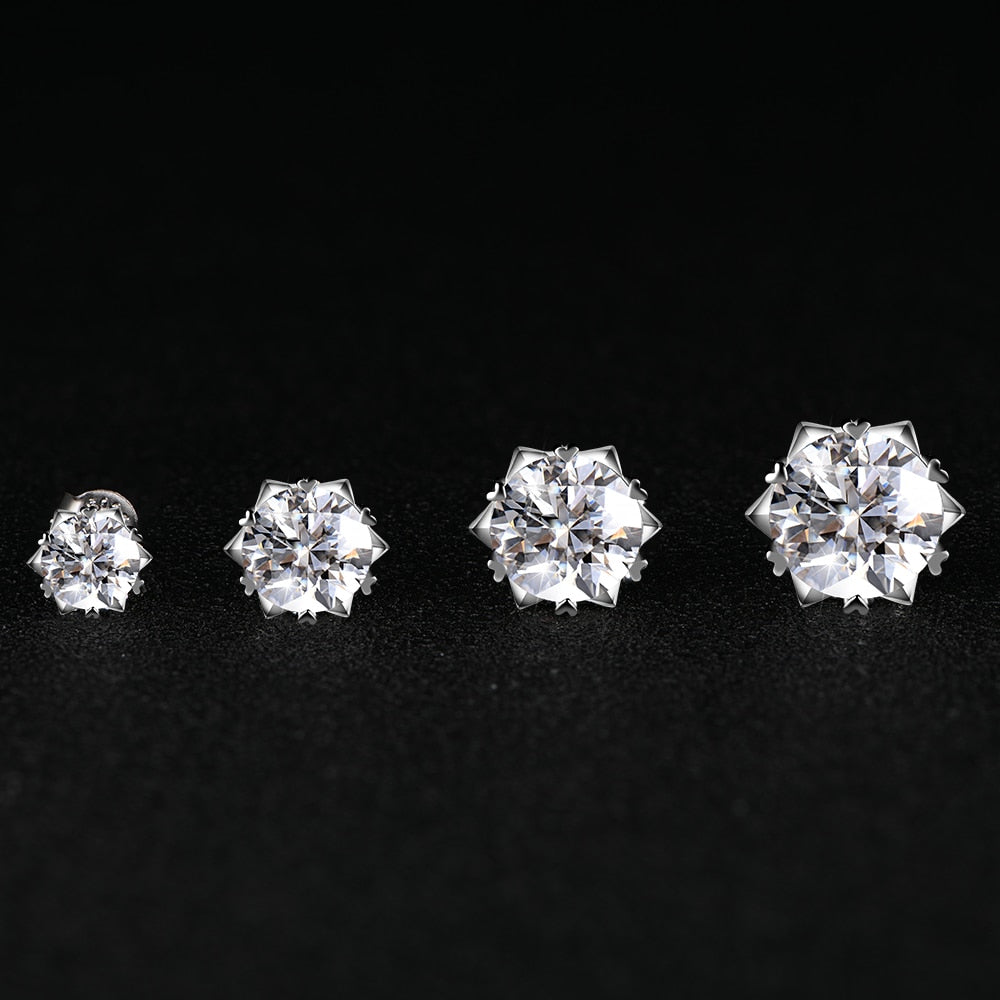 925 Silver 0.5-3.0CT Moissanite Snowflake Stud Earrings - all size display