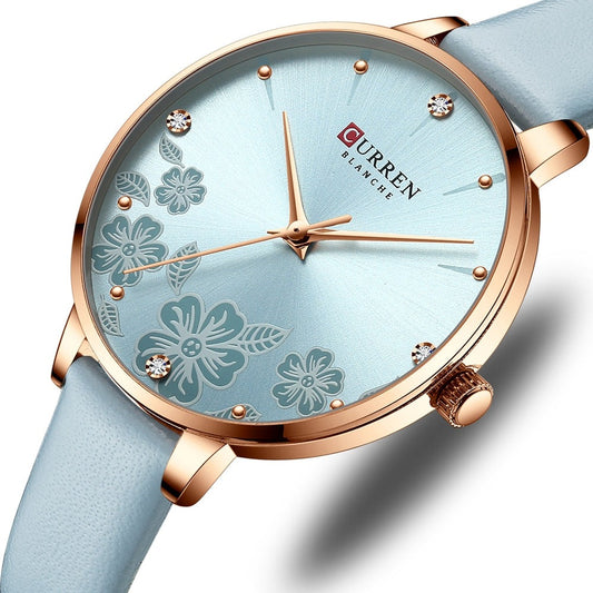 Women's Leather Quartz Wristwatches with Flower Dial