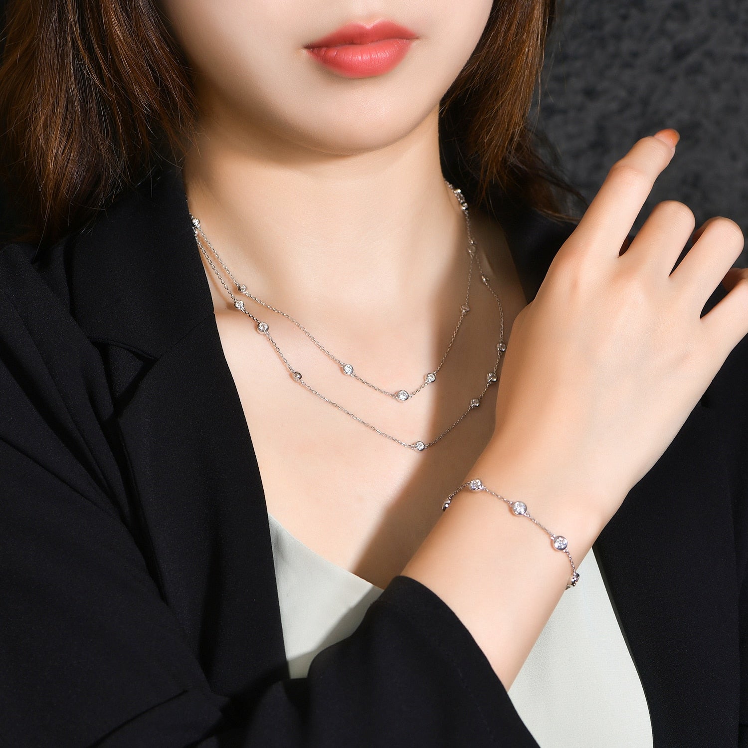 925 Silver Round Cut Moissanite Chain Necklace ON MODEL WITH ADDITIONAL SAME STYLE BRACELET