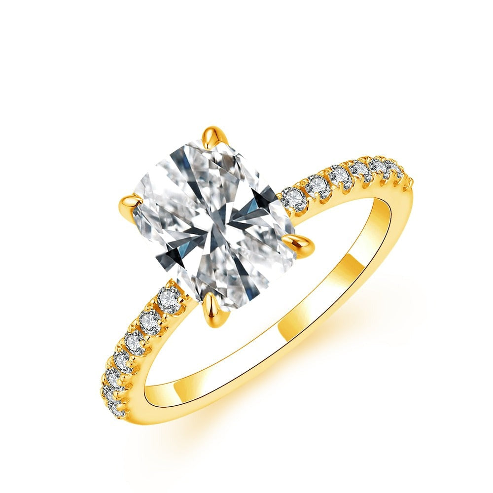 Pure 925 Silver Gold Plated Cushion Cut 3.5CT Moissanite Ring - yellow gold plated